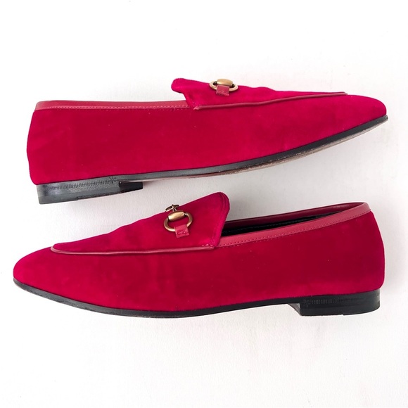 GUCCI | Red Velvet Velour Jordaan Horsebit Loafers Flats EU 37 - Picture 8 of 13